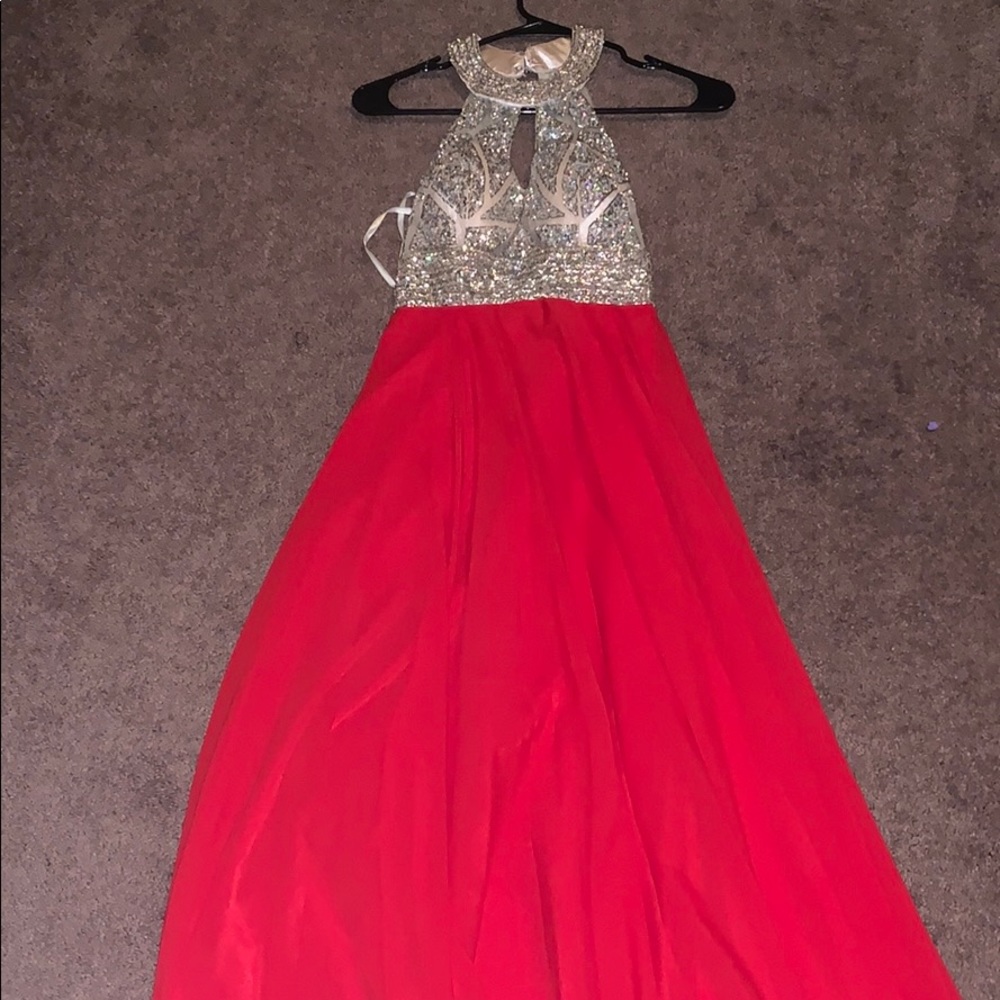 Red and tan prom dress